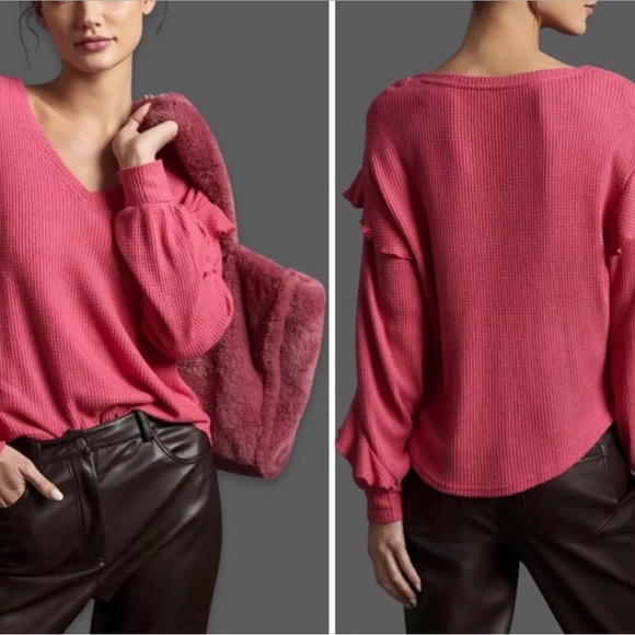 🌺 Anthropologie Pilcro Waffle Knit Wide V-Neck Slouchy Ruffle Top Pink Size Med - Picture 10 of 17